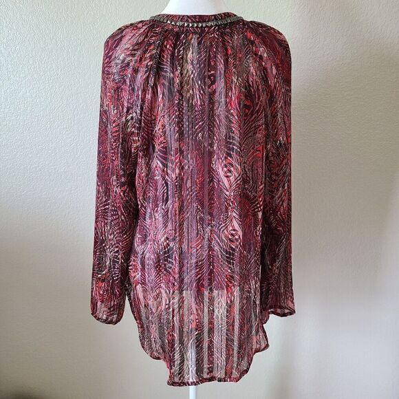 Cache Peacock Blouse Popover Medium Sheer Feather Print Red Studded Neckline - Picture 7 of 11
